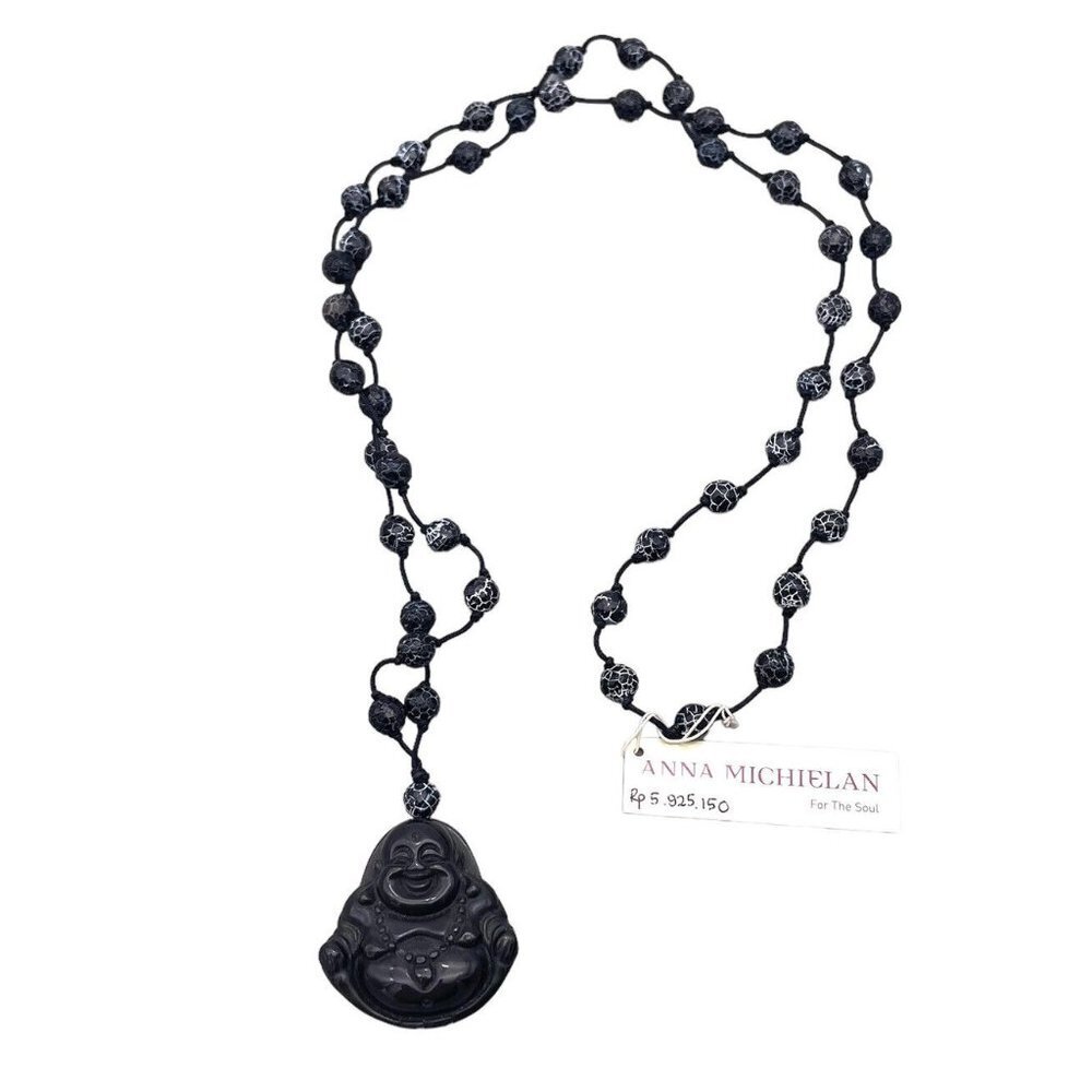 Anna Michielan Obsidian Pendant Agate Beads Cord Necklace 35"